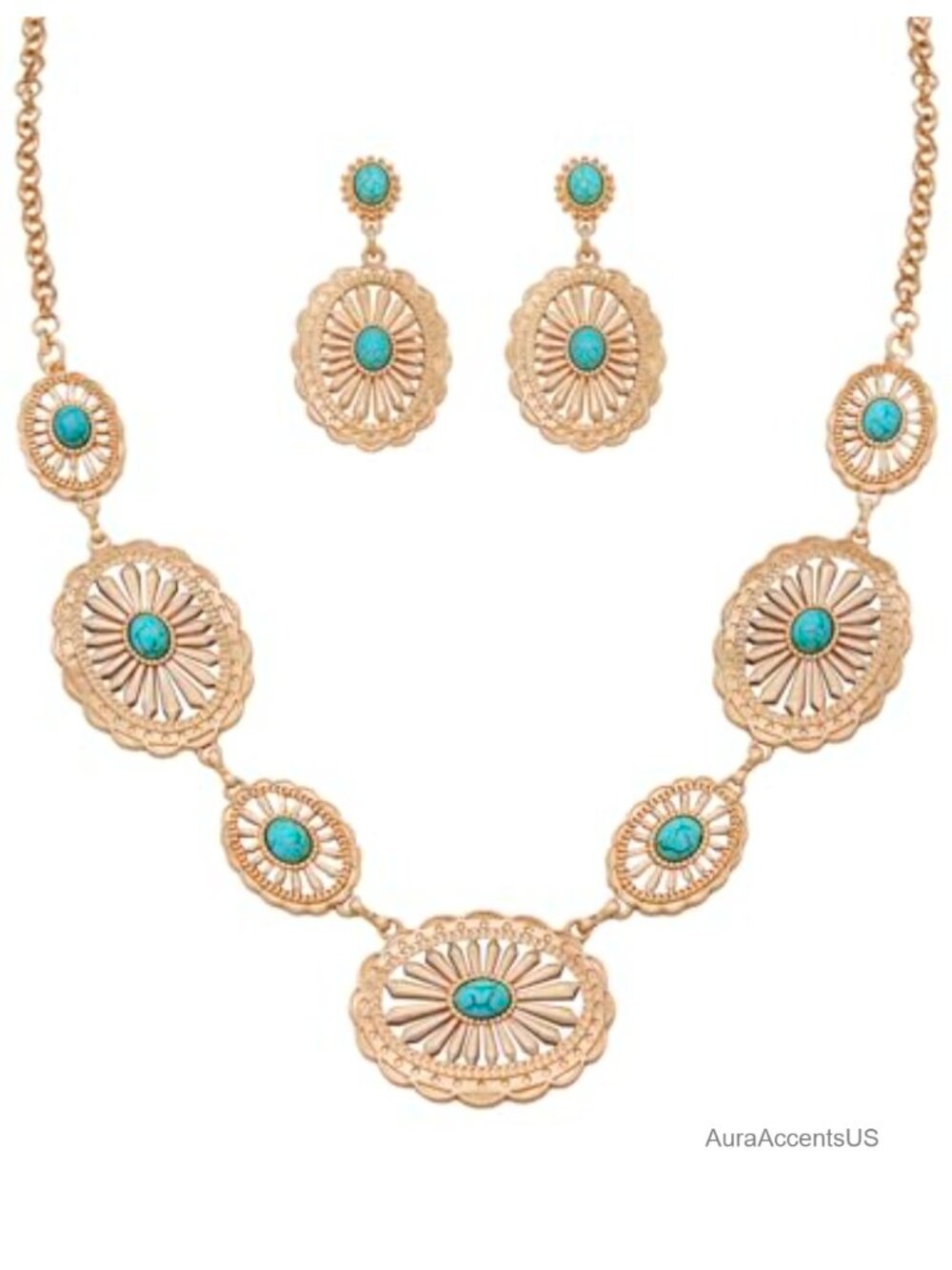 Western Turquoise Necklace Earrings Set Silver Tone Layered Jewelry